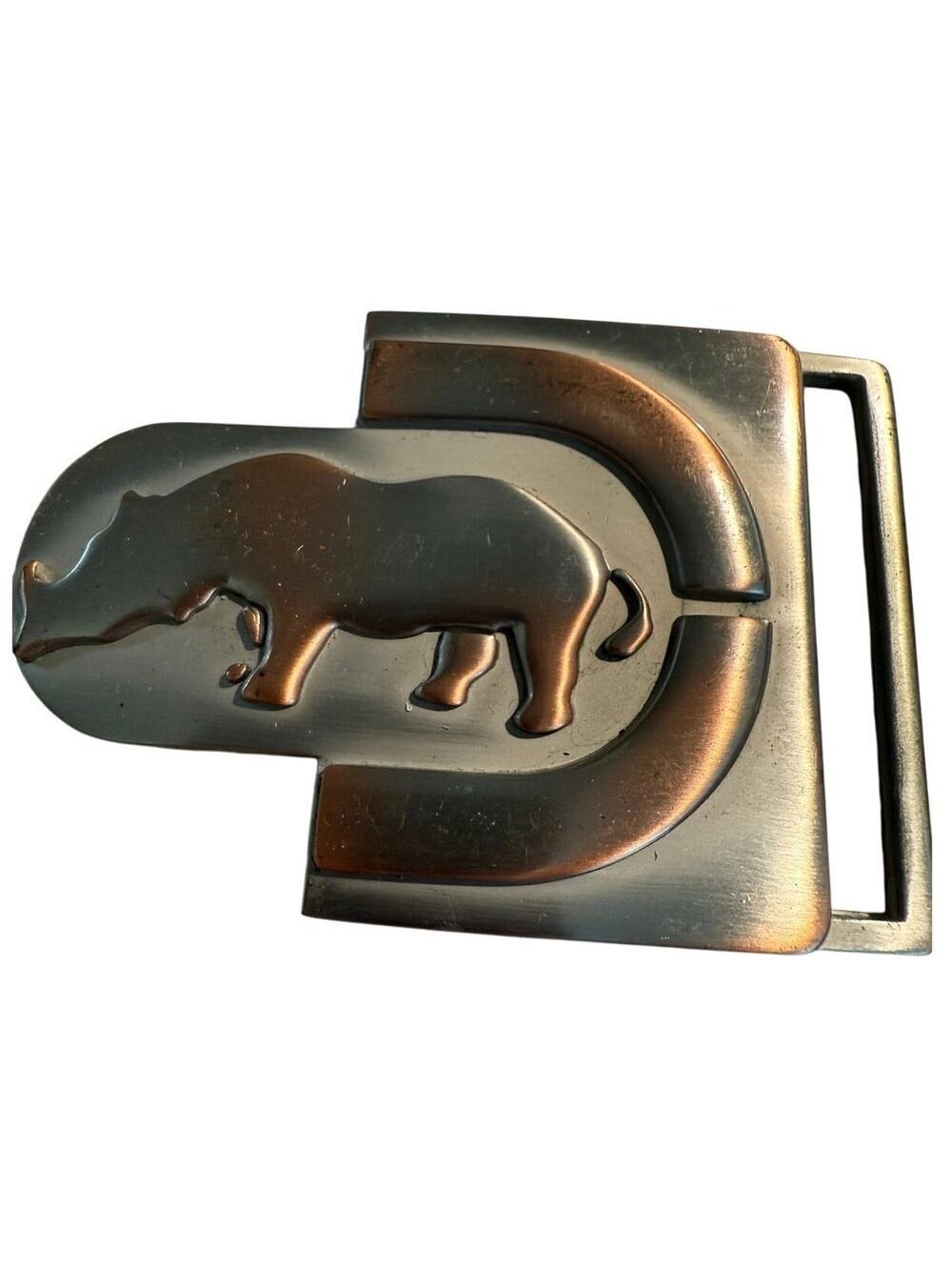 Vintage Artisan Rhino Belt Buckle, Brass/Pewter, Brutalist Wildlife Metal Art